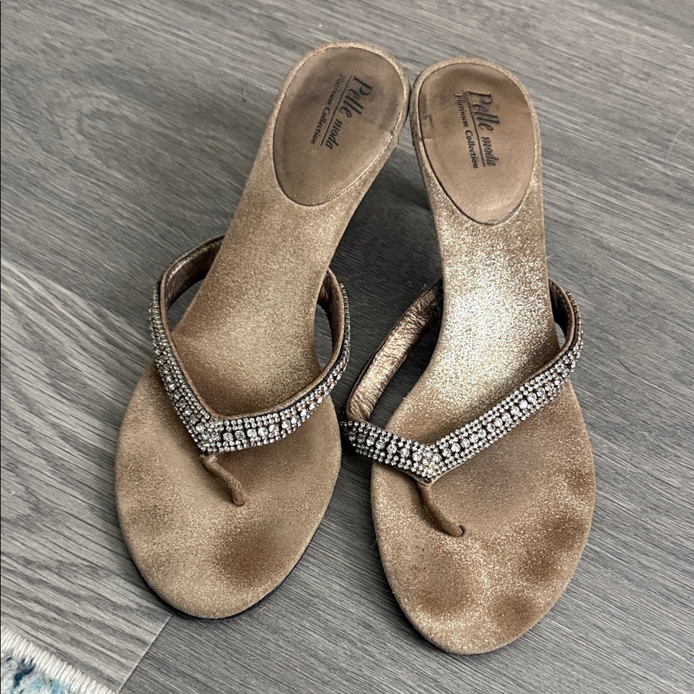 Pelle Moda Gold Sandals with Rhinestone Straps